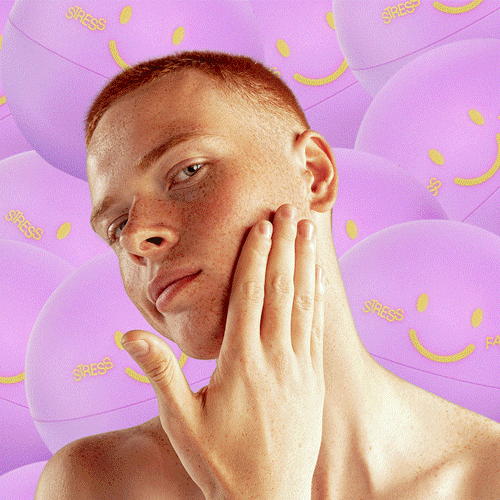 Person resting head on hand with illustrated stress bubbles in the background.
